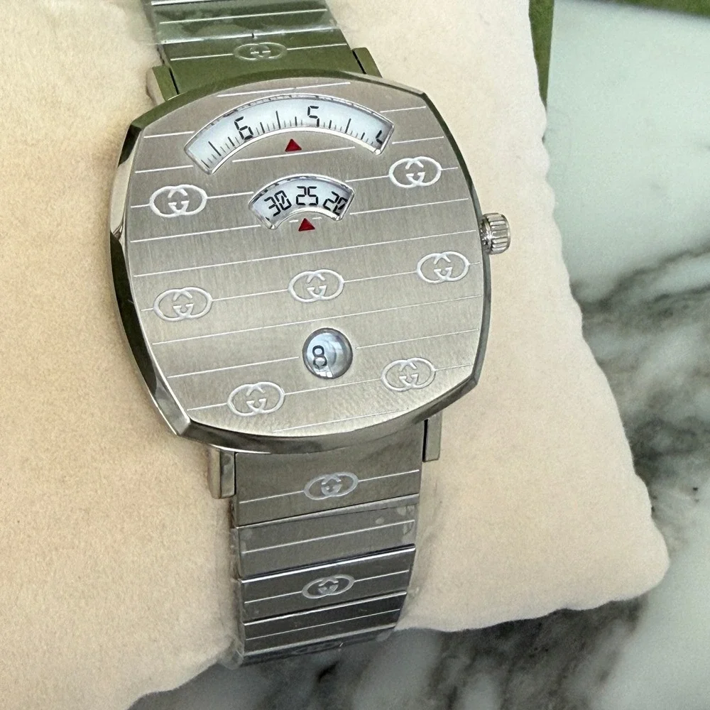 Gucci Grip Watch YA157401 Stainless Steel Silver Logo Engraved Swiss Made 38mm